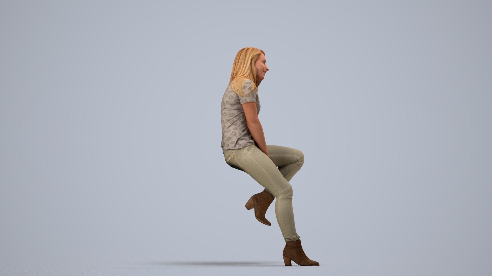 realistic 3D woman casual sitting, scanned archviz people for Blender and 3ds Max, side view render