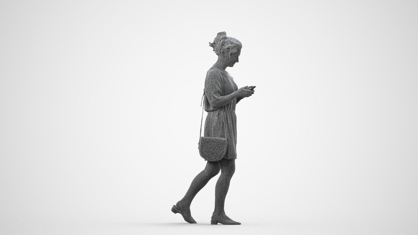 realistic 3D human woman casual walking, archviz people FBX OBJ for Blender, wireframe side view