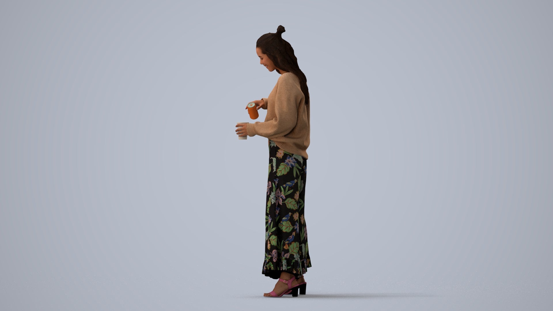 3D people model woman casual standing, scanned human for 3ds Max rendering, three-quarter view render