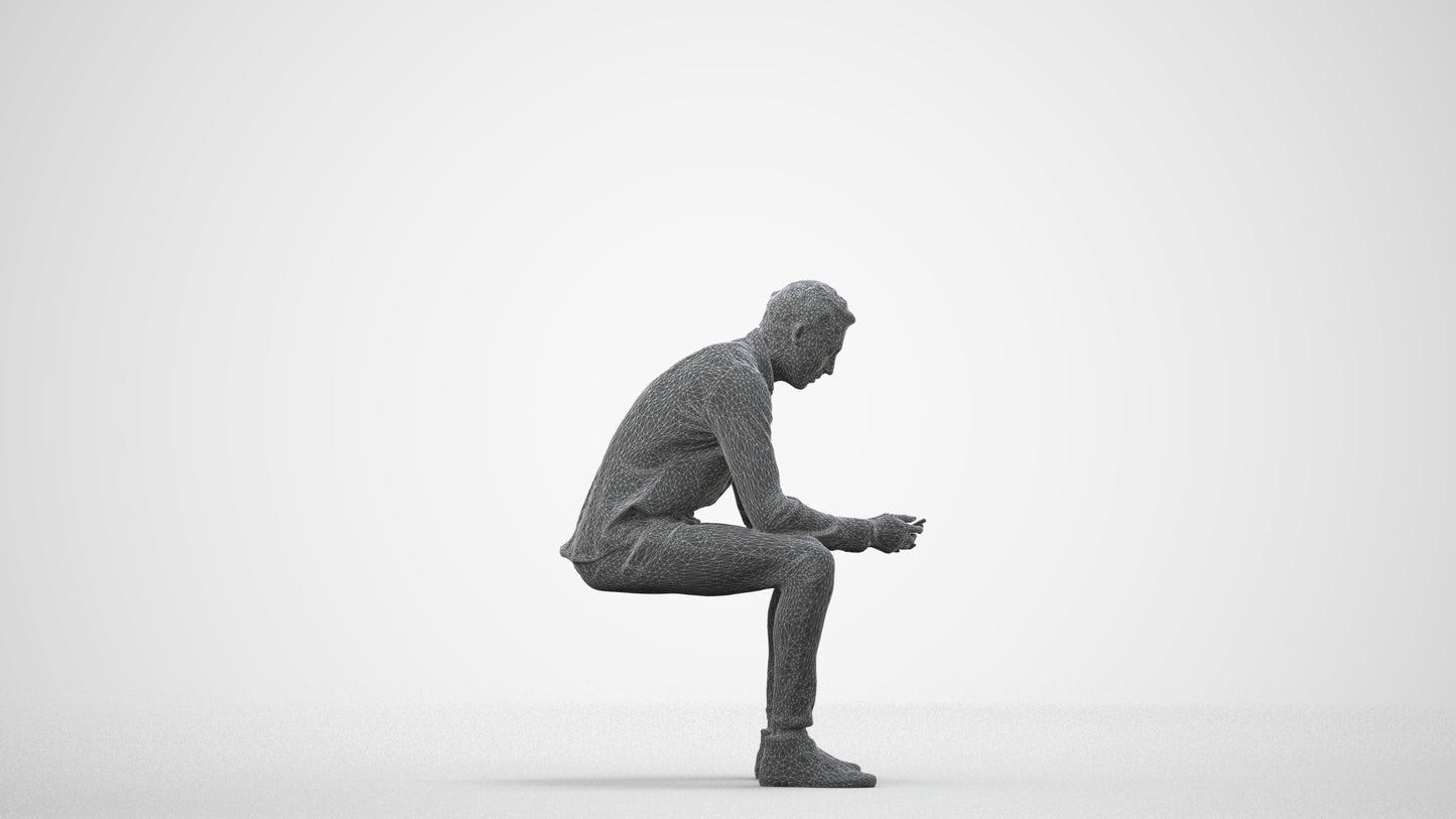 realistic 3D people man casual sitting, render-ready for V-Ray and Corona, FBX OBJ, wireframe side view