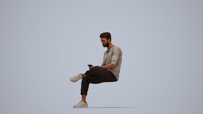 3D human model man casual sitting, photogrammetry scanned person for archviz, top-down view render