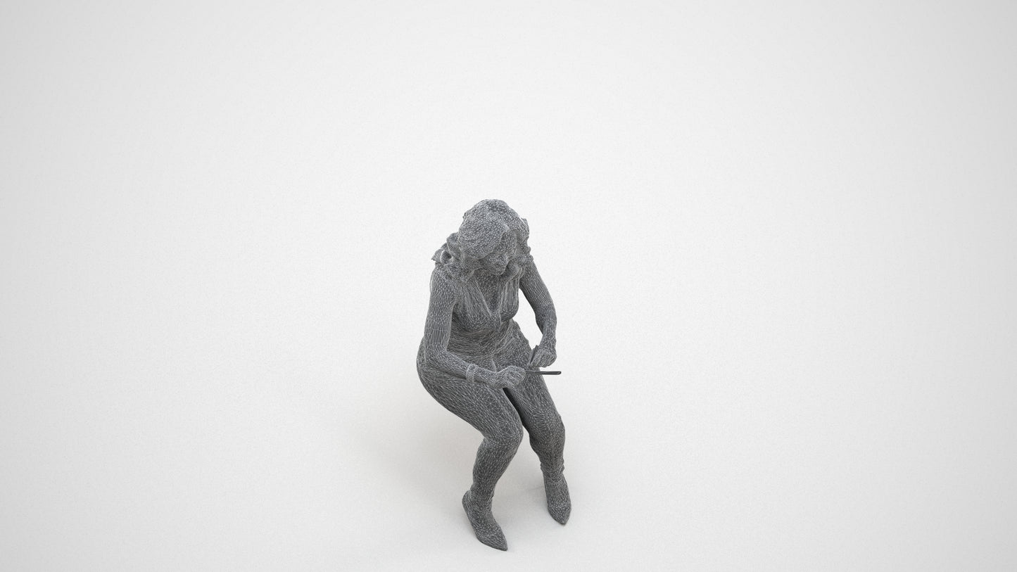 3D human model woman casual sitting, photogrammetry scanned person for archviz, wireframe three-quarter view