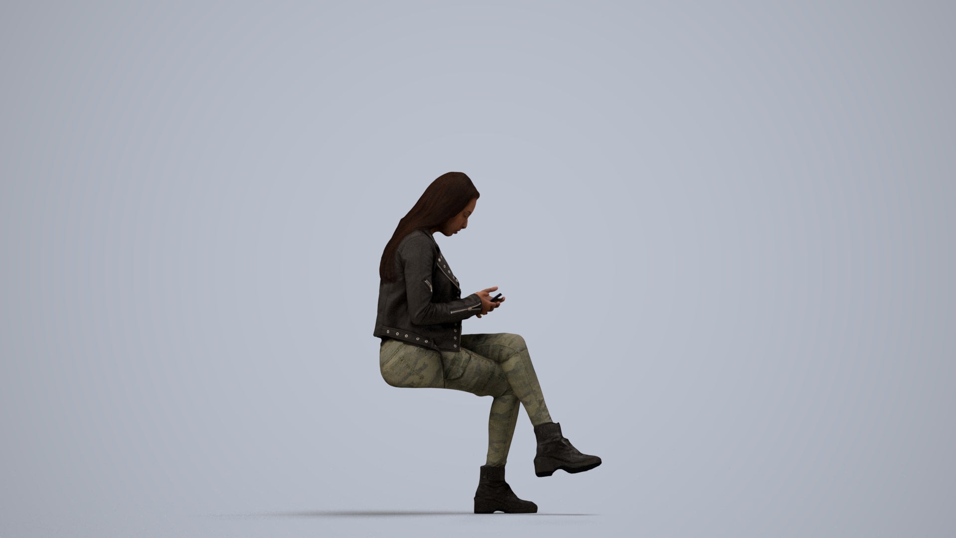 realistic 3D people woman casual sitting, render-ready for V-Ray and Corona, FBX OBJ, side view render