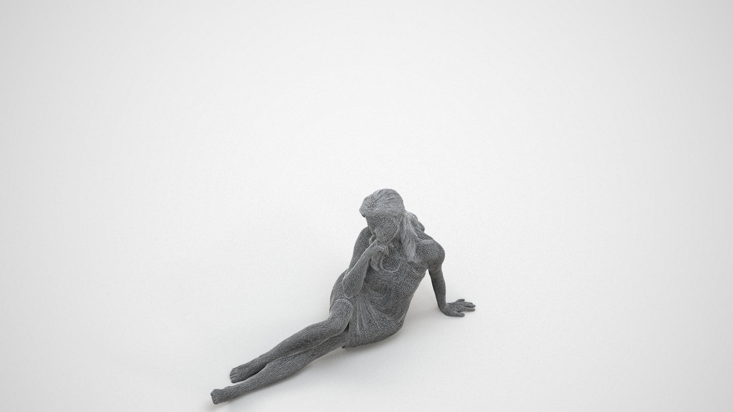 3D human model woman pool, photogrammetry scanned person for archviz, wireframe three-quarter view