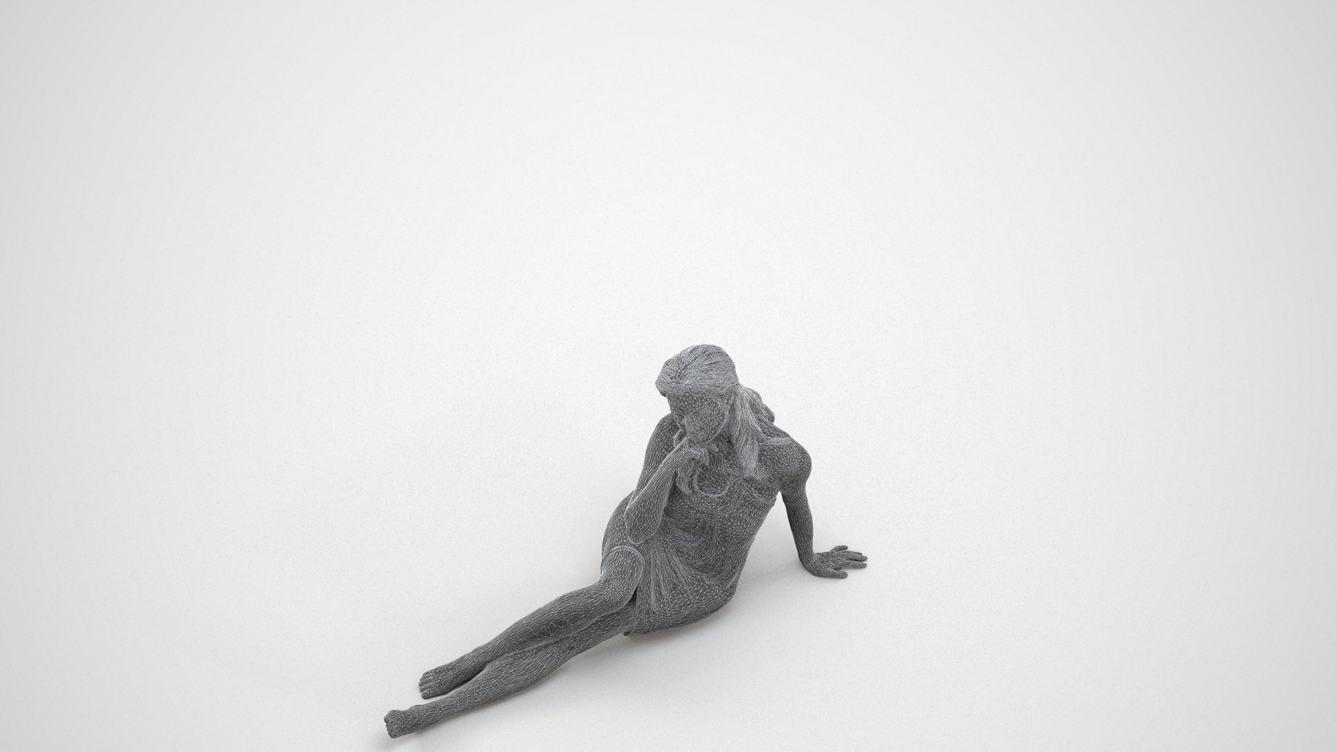 3D human model woman pool, photogrammetry scanned person for archviz, wireframe three-quarter view