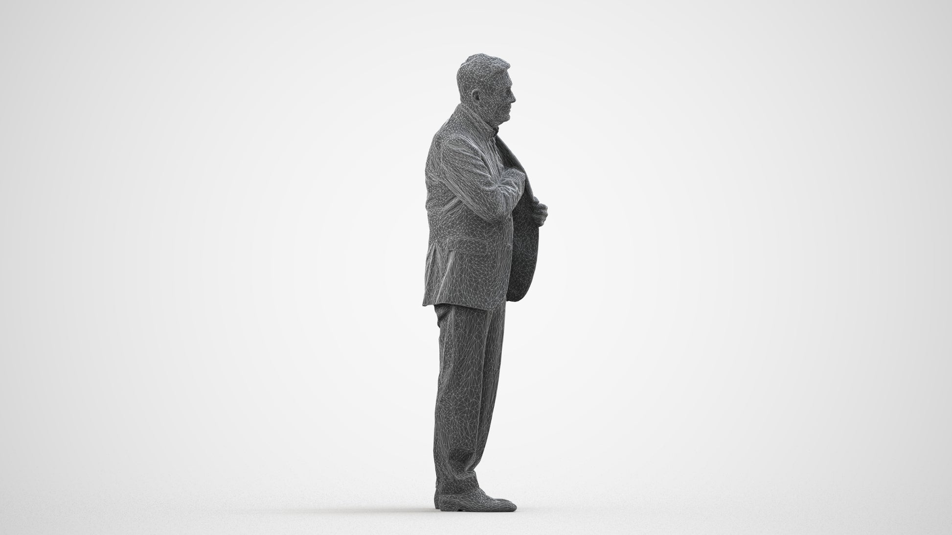 3D people model senior man business, scanned human for 3ds Max rendering, wireframe side view