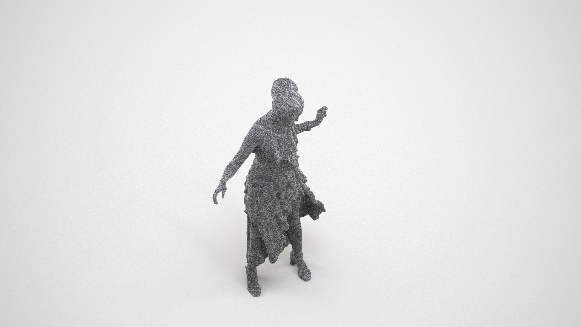 3D human model woman formal, photogrammetry scanned person for archviz, wireframe three-quarter view