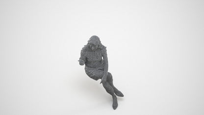 3D human model senior woman casual sitting, photogrammetry scanned person for archviz, wireframe three-quarter view