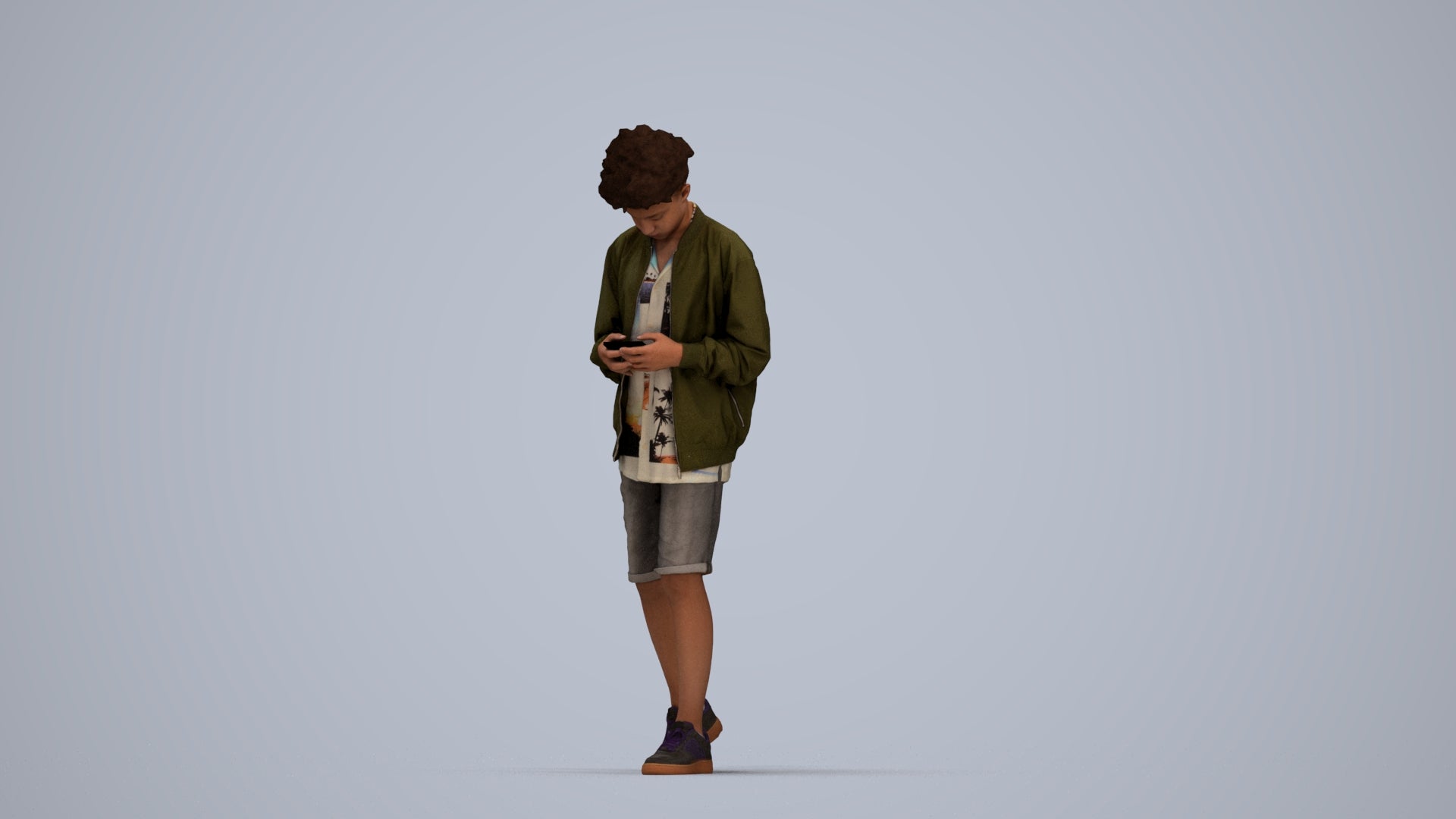 3D human model boy casual kids, photogrammetry scanned person for archviz, top-down view render