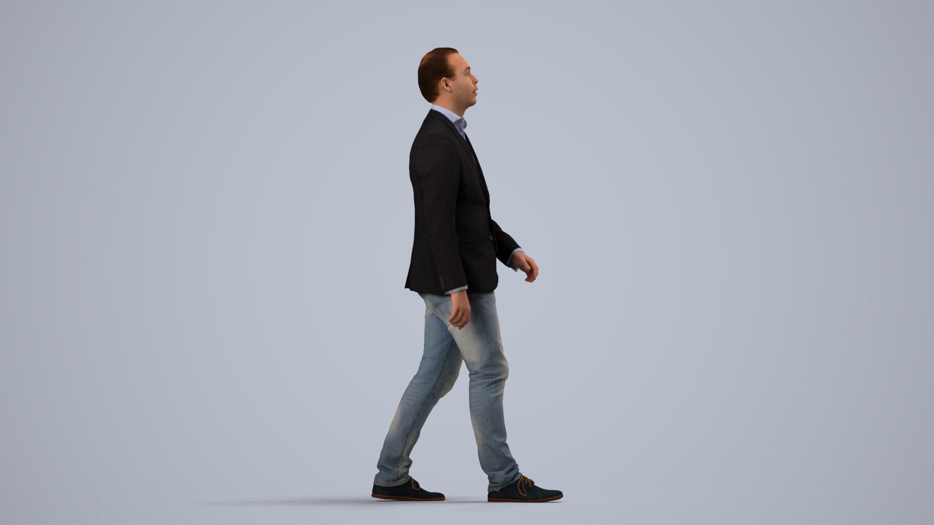 3D human model man business walking, photogrammetry scanned person for archviz, side view render