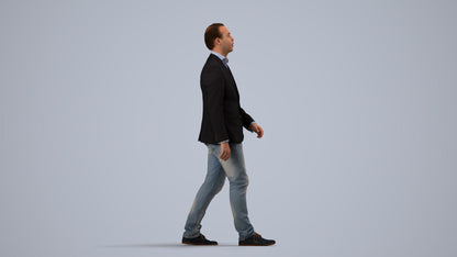 3D human model man business walking, photogrammetry scanned person for archviz, side view render