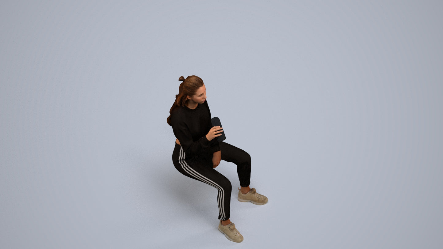 scanned 3D woman sport sitting, photogrammetry people for Enscape and V-Ray, back view render