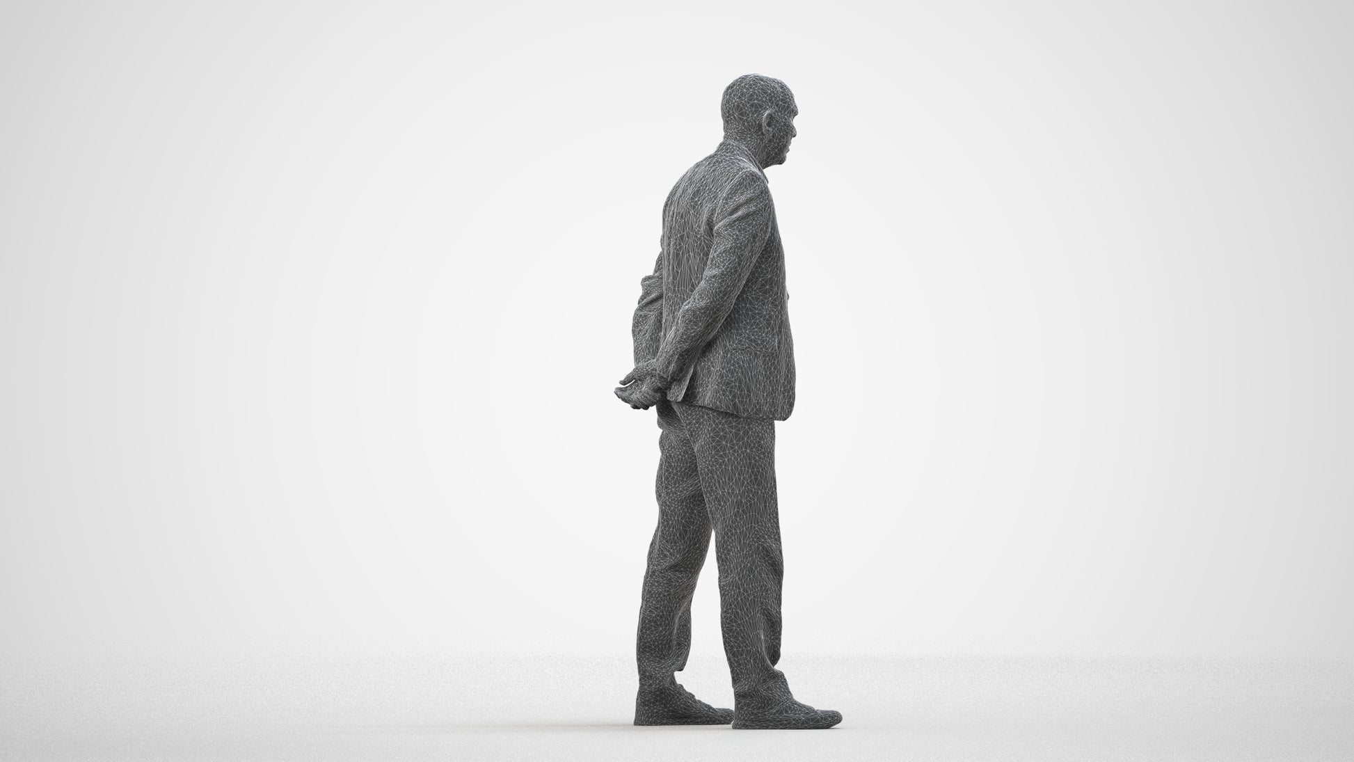 realistic 3D senior man business standing, scanned archviz people for Blender and 3ds Max, wireframe side view
