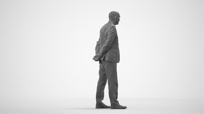 realistic 3D senior man business standing, scanned archviz people for Blender and 3ds Max, wireframe side view