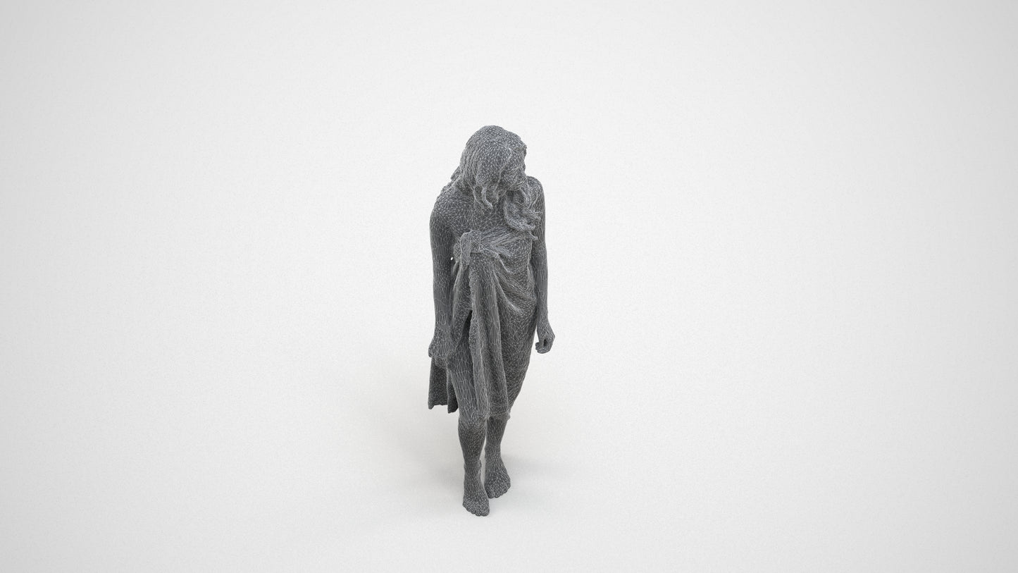 3D human model woman pool, photogrammetry scanned person for archviz, wireframe three-quarter view