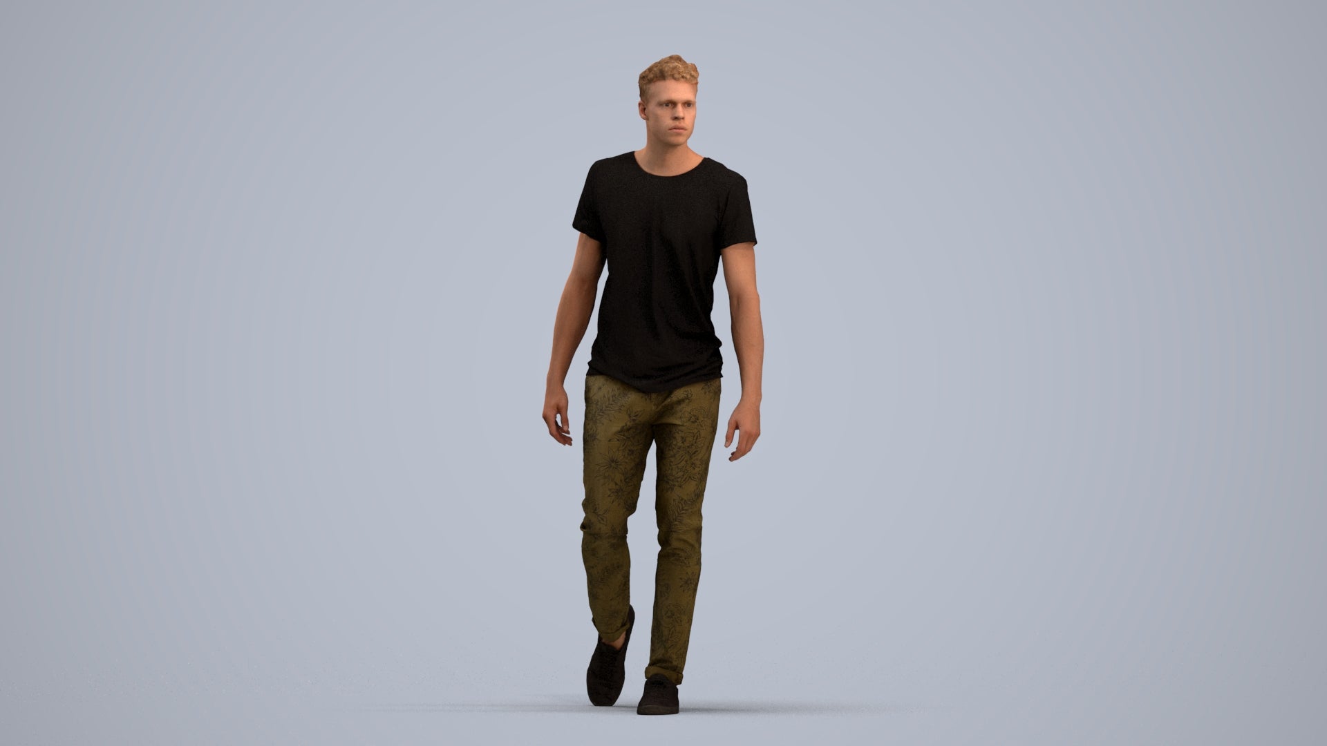3D human model man casual walking, photogrammetry scanned person for archviz, standing pose render