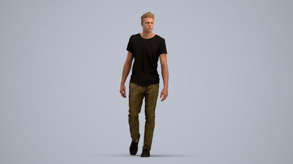 3D human model man casual walking, photogrammetry scanned person for archviz, standing pose render