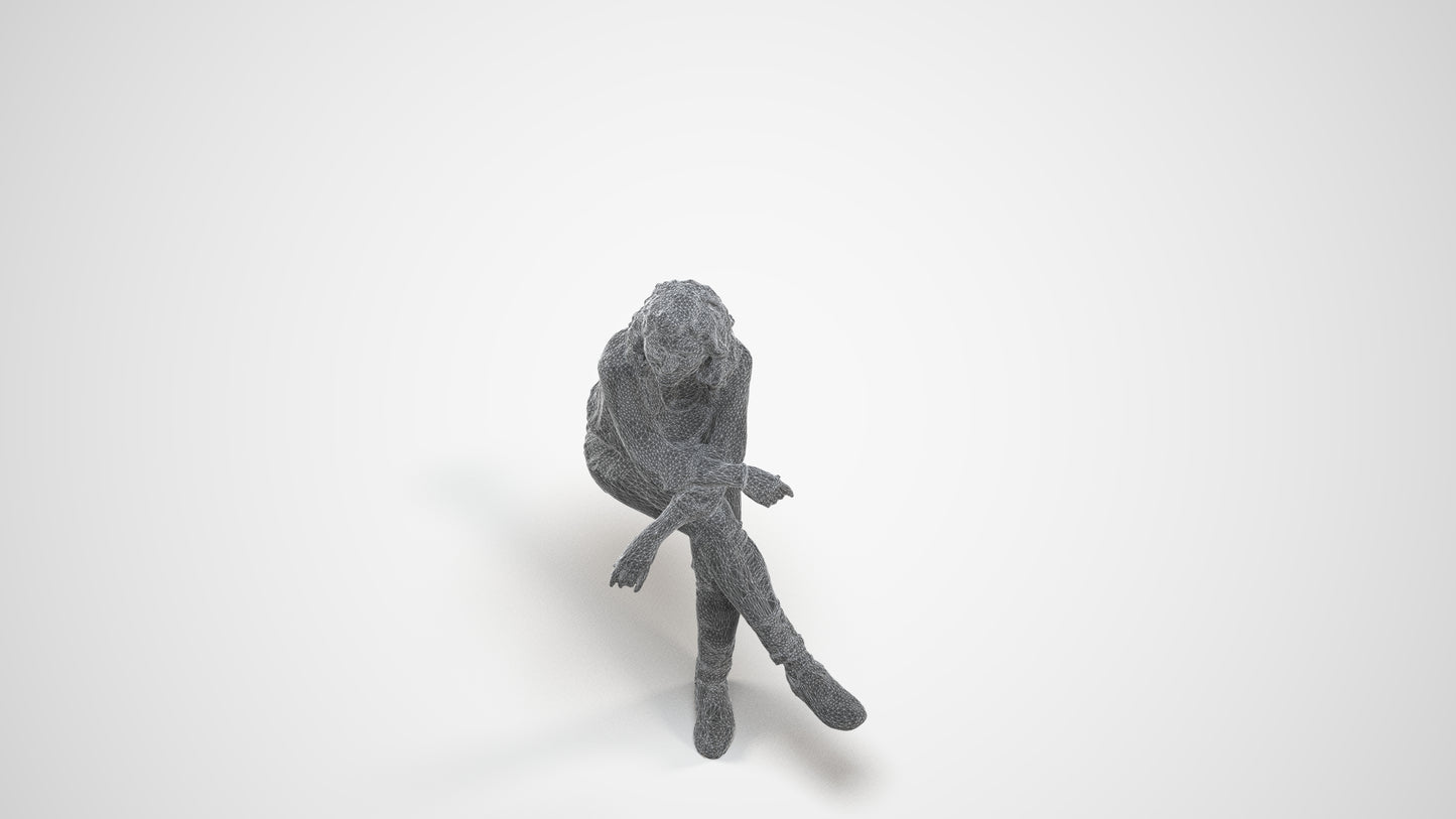 photogrammetry 3D woman casual sitting, realistic human model archviz FBX, wireframe three-quarter view