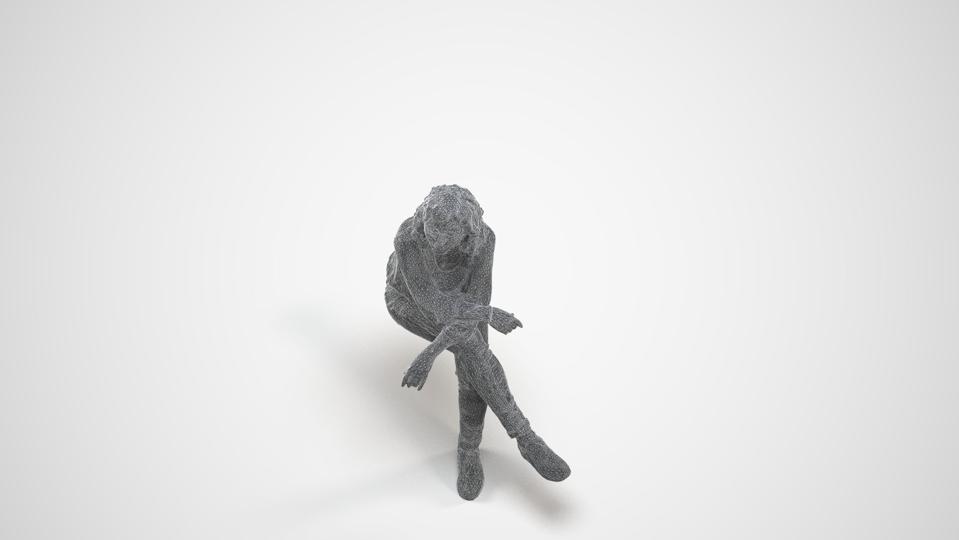photogrammetry 3D woman casual sitting, realistic human model archviz FBX, wireframe three-quarter view