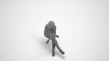 photogrammetry 3D woman casual sitting, realistic human model archviz FBX, wireframe three-quarter view