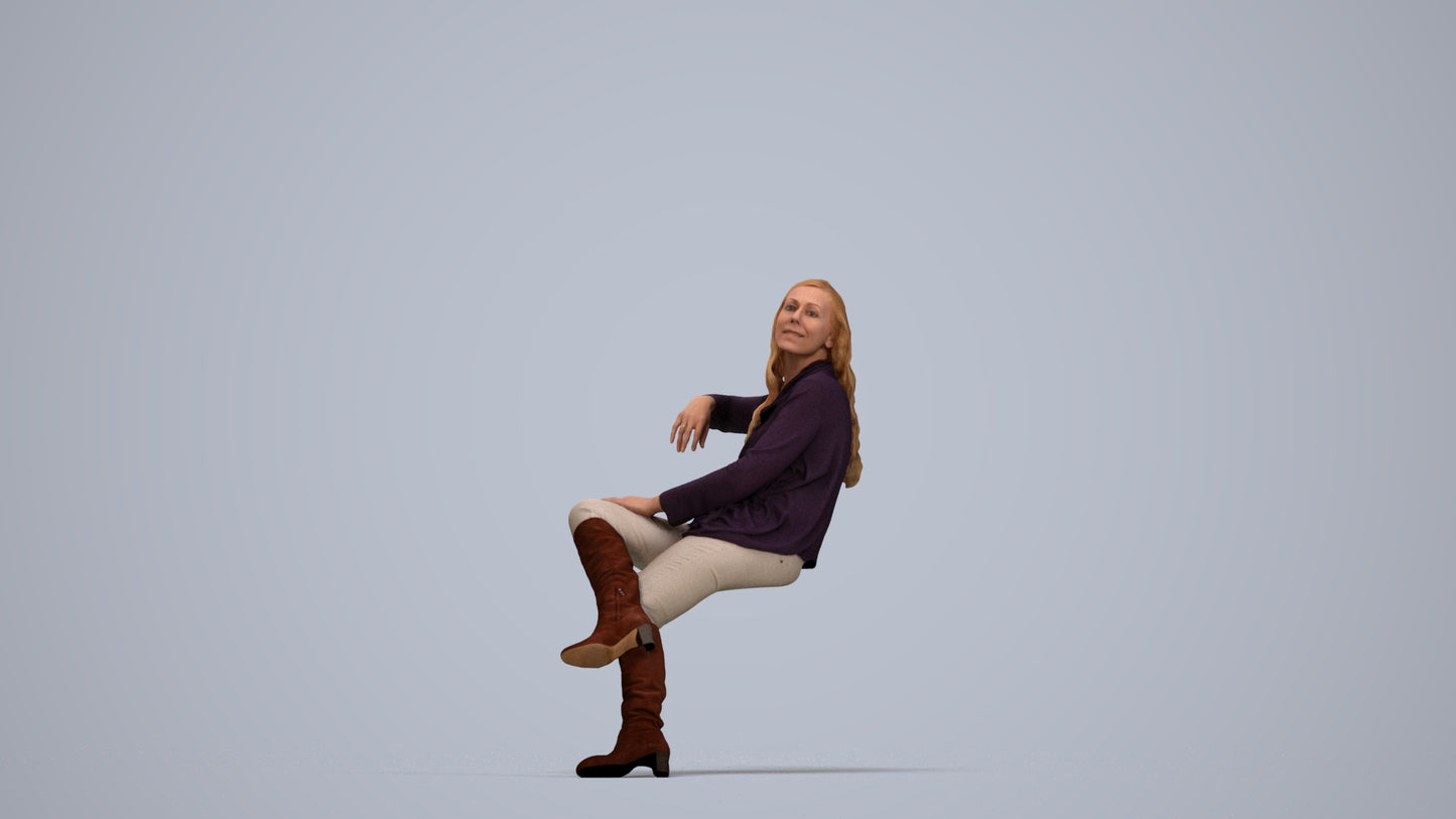 3D human model woman casual sitting, photogrammetry scanned person for archviz, top-down view render