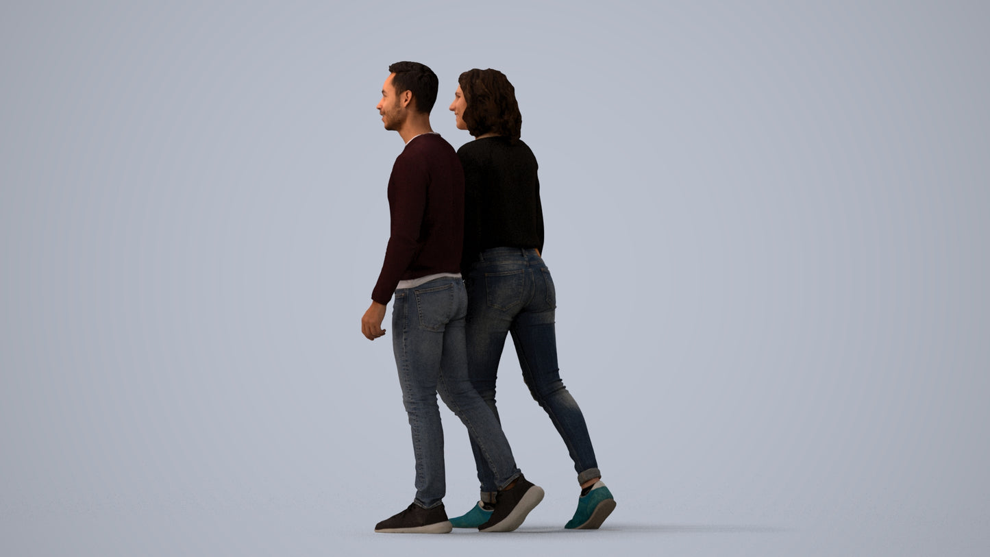realistic 3D woman casual couple, scanned archviz people for Blender and 3ds Max, three-quarter view render