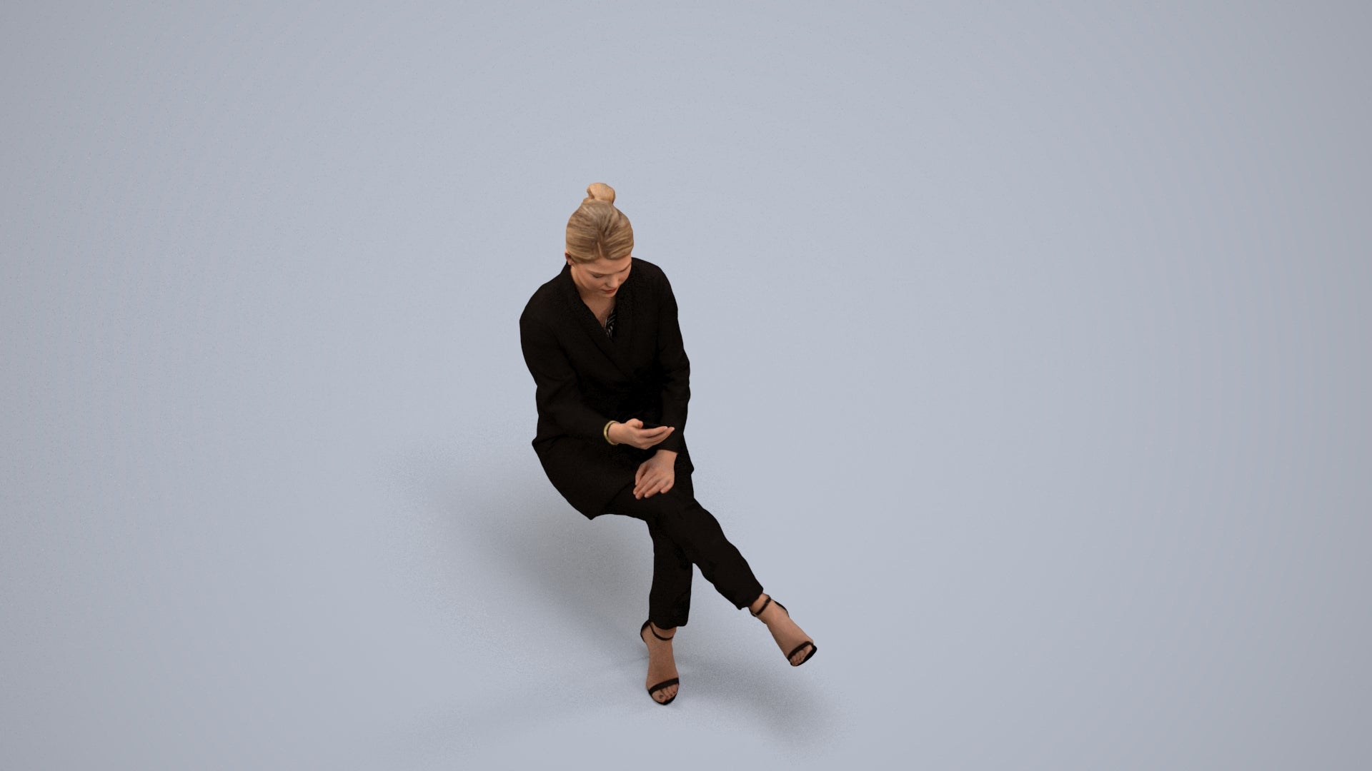 3D human model woman business sitting, photogrammetry scanned person for archviz, back view render