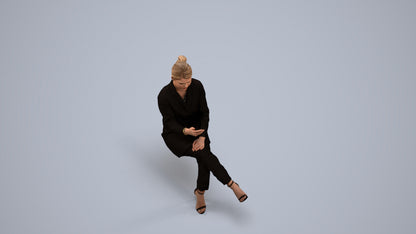 3D human model woman business sitting, photogrammetry scanned person for archviz, back view render