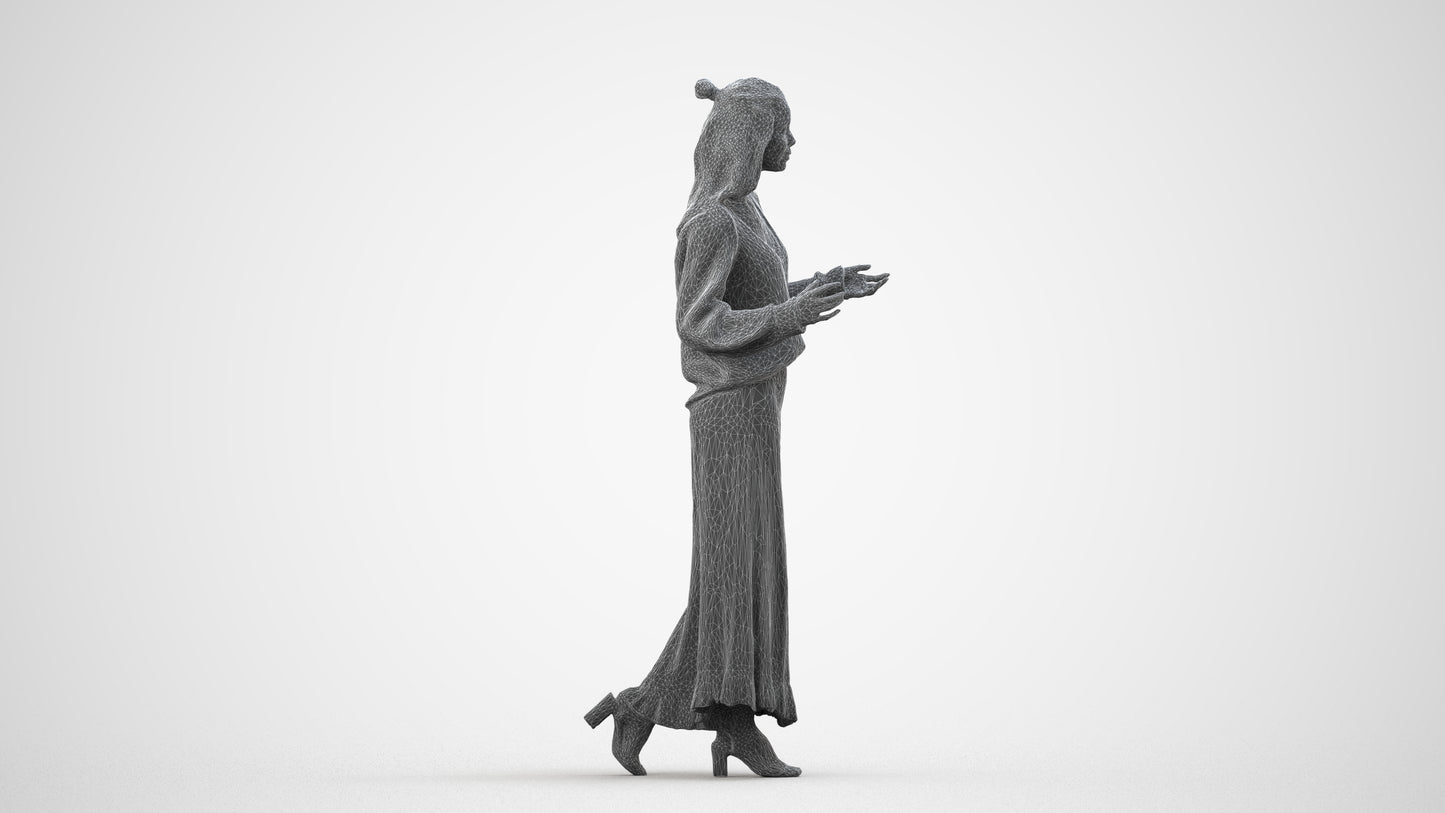 3D scanned woman standing casual, photorealistic archviz people for Enscape and SketchUp, wireframe side view