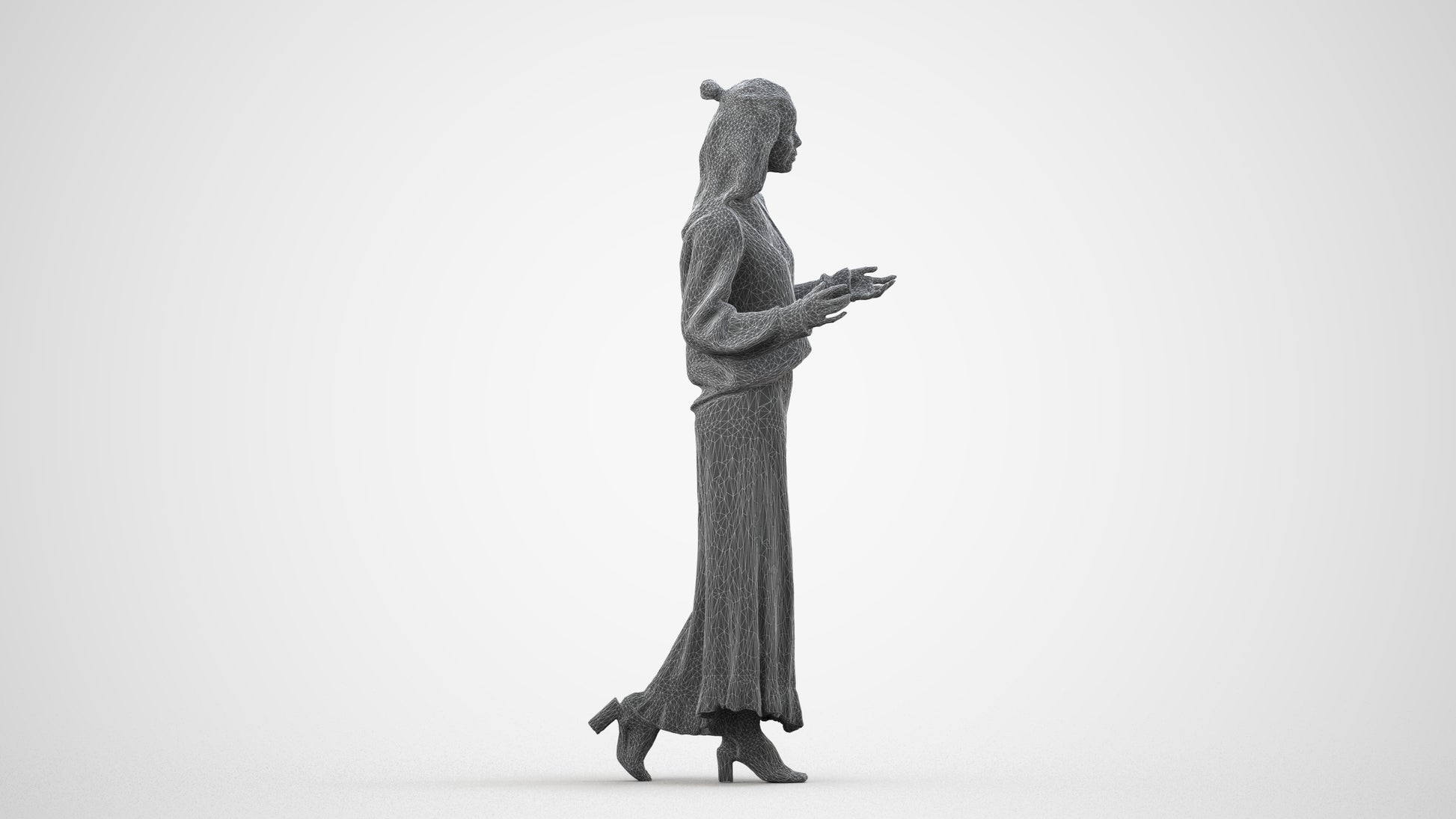 3D scanned woman standing casual, photorealistic archviz people for Enscape and SketchUp, wireframe side view