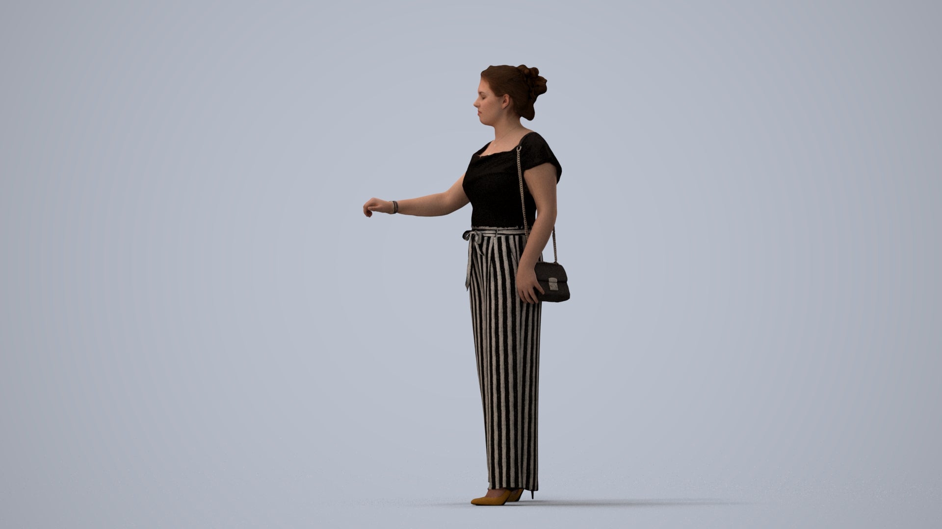 realistic 3D woman casual standing, scanned archviz people for Blender and 3ds Max, three-quarter view render
