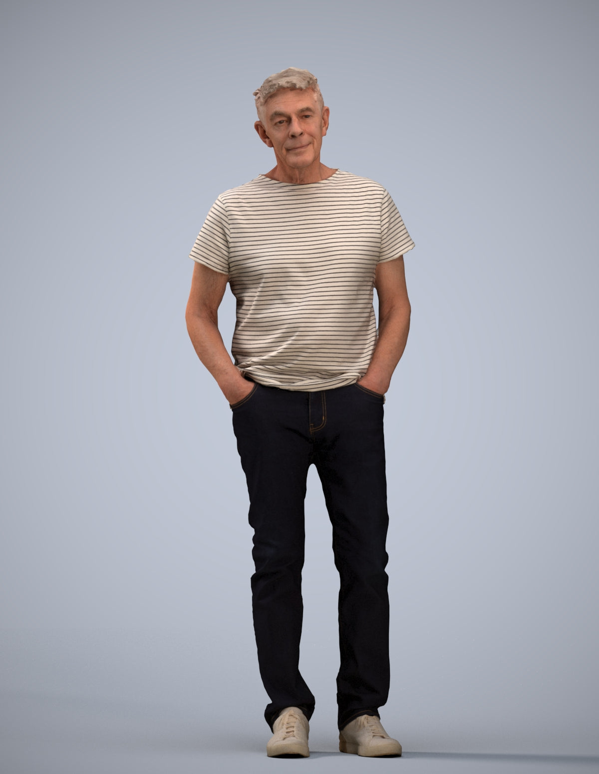 3D human model senior man casual standing, photogrammetry scanned person for archviz