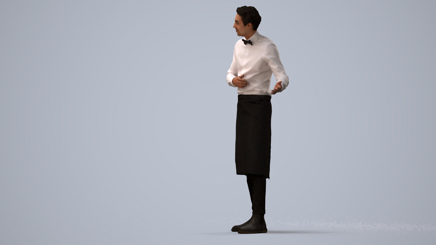 3D human model man hospitality, photogrammetry scanned person for archviz, three-quarter view render