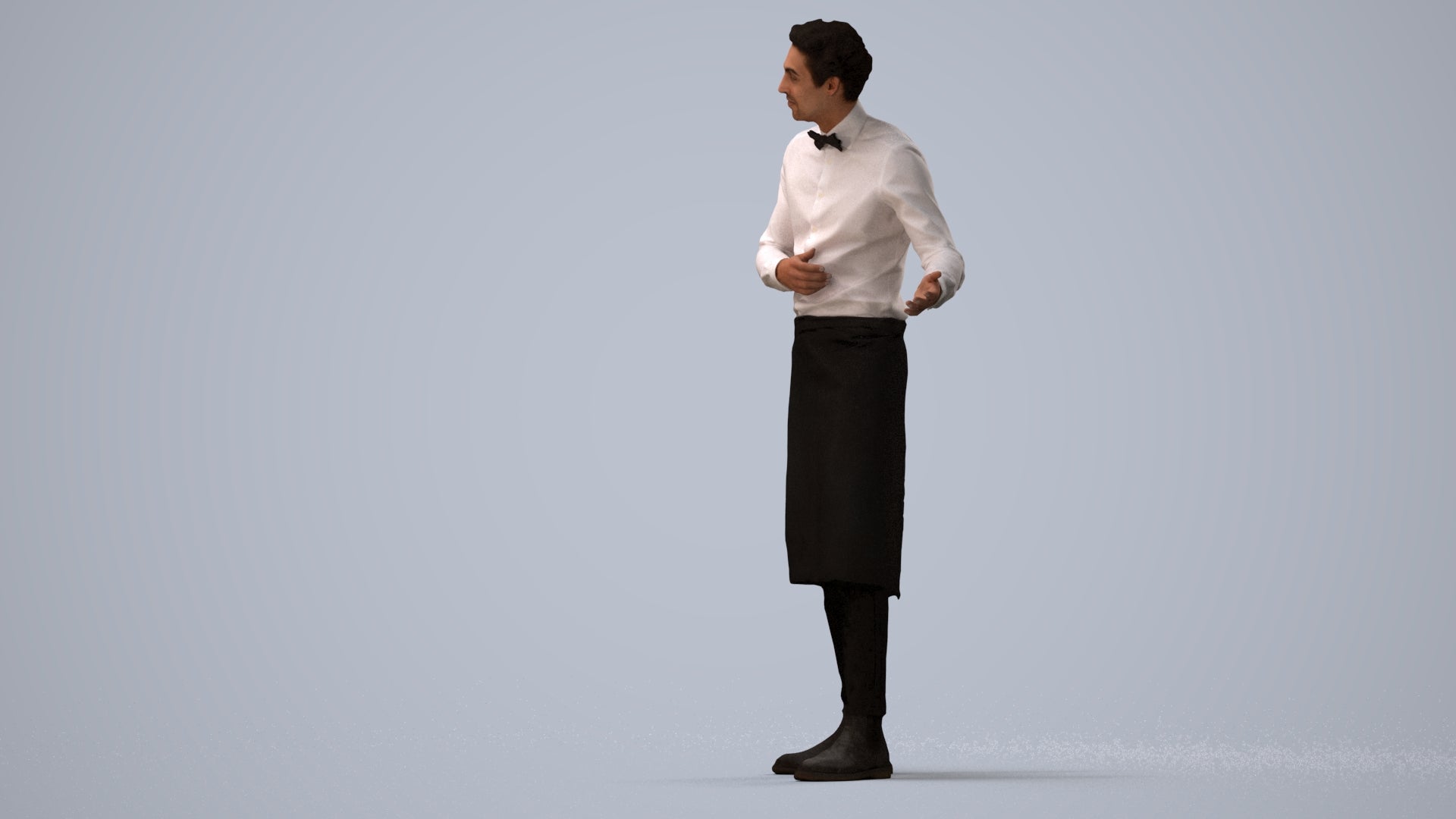 3D human model man hospitality, photogrammetry scanned person for archviz, three-quarter view render