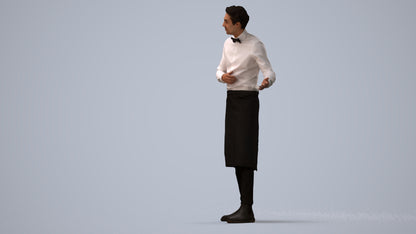 3D human model man hospitality, photogrammetry scanned person for archviz, three-quarter view render