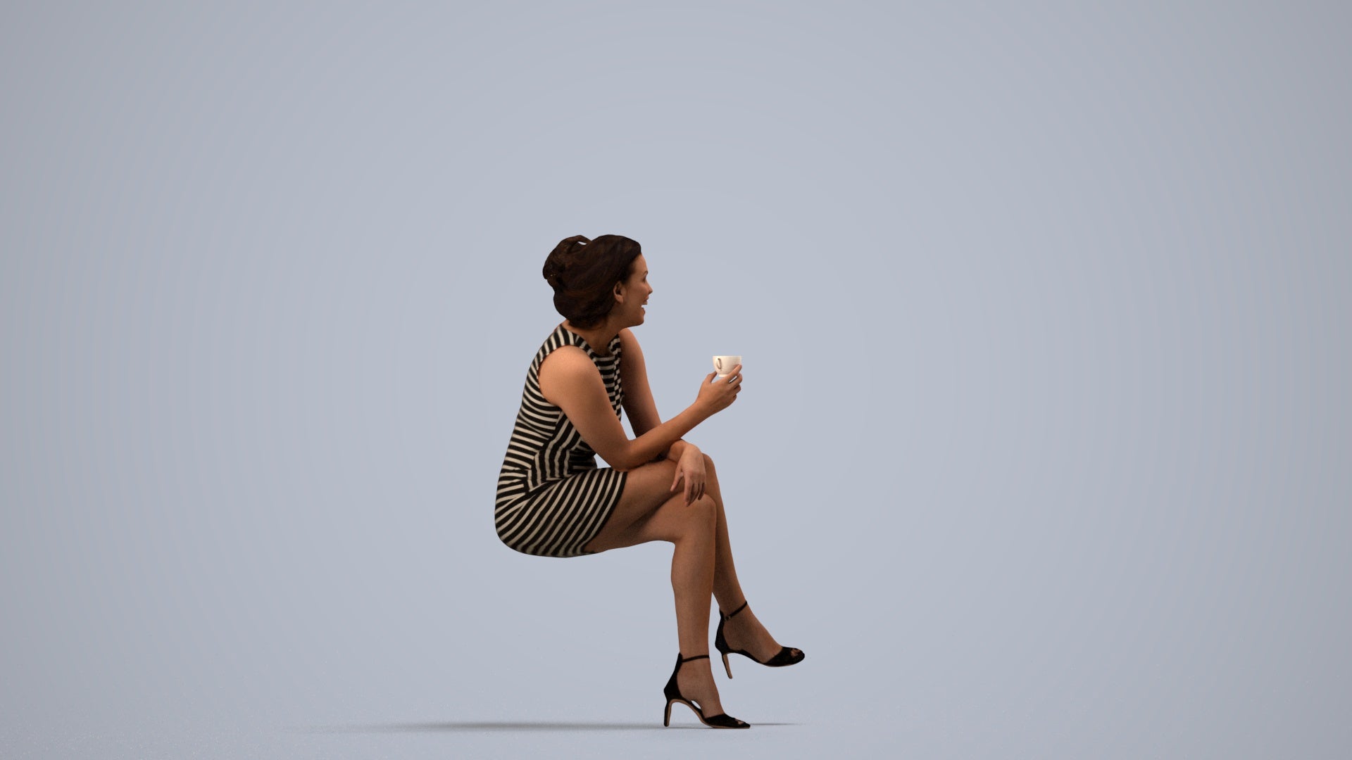 3D people model woman casual sitting, scanned human for 3ds Max rendering, side view render