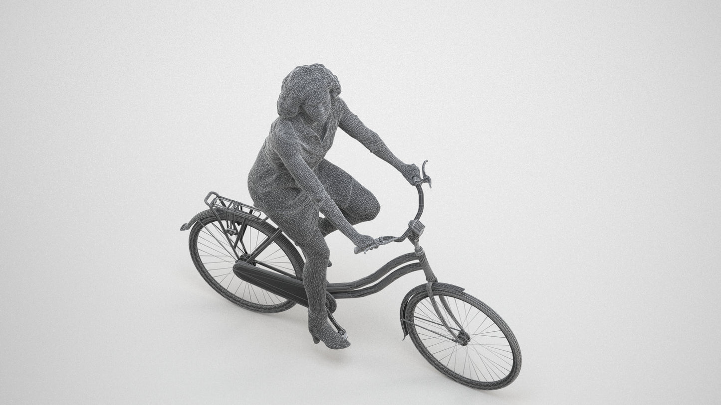 photogrammetry 3D woman casual cycling, realistic human model archviz FBX, wireframe three-quarter view