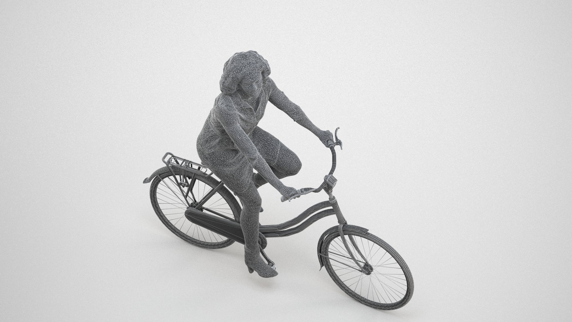 photogrammetry 3D woman casual cycling, realistic human model archviz FBX, wireframe three-quarter view