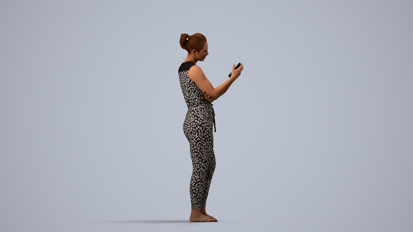 3D human model woman casual standing, photogrammetry scanned person for archviz, side view render
