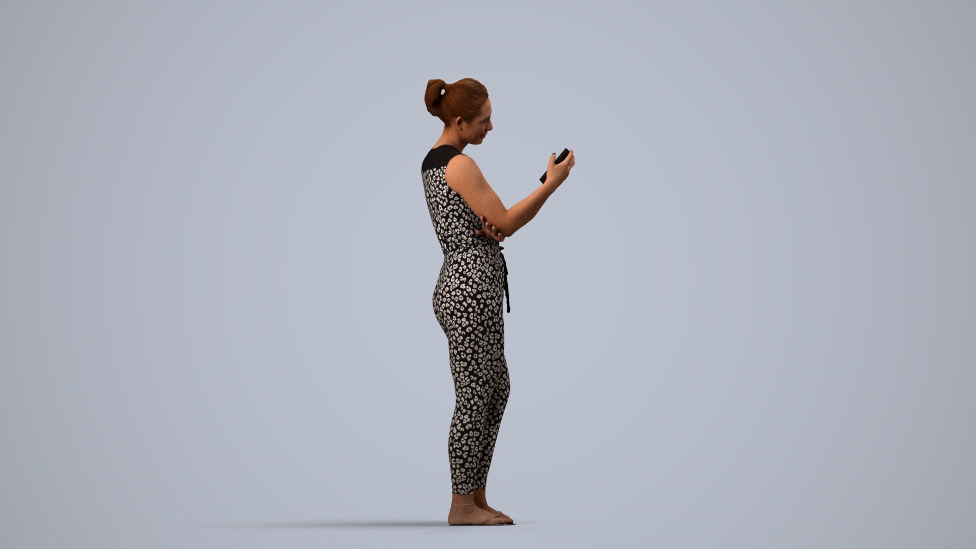 3D human model woman casual standing, photogrammetry scanned person for archviz, side view render