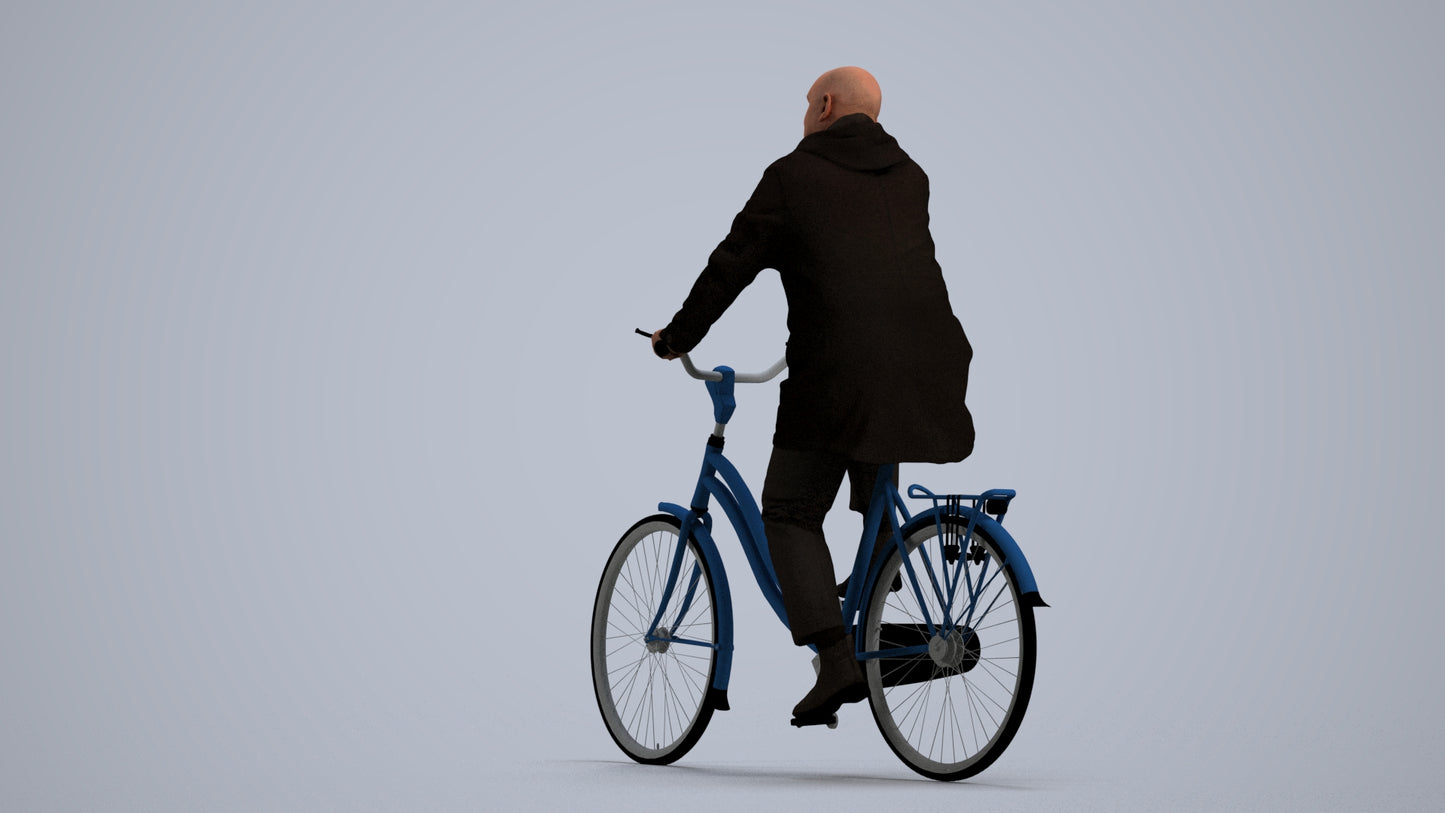 realistic 3D human senior man business cycling, archviz people FBX OBJ for Blender, front view render