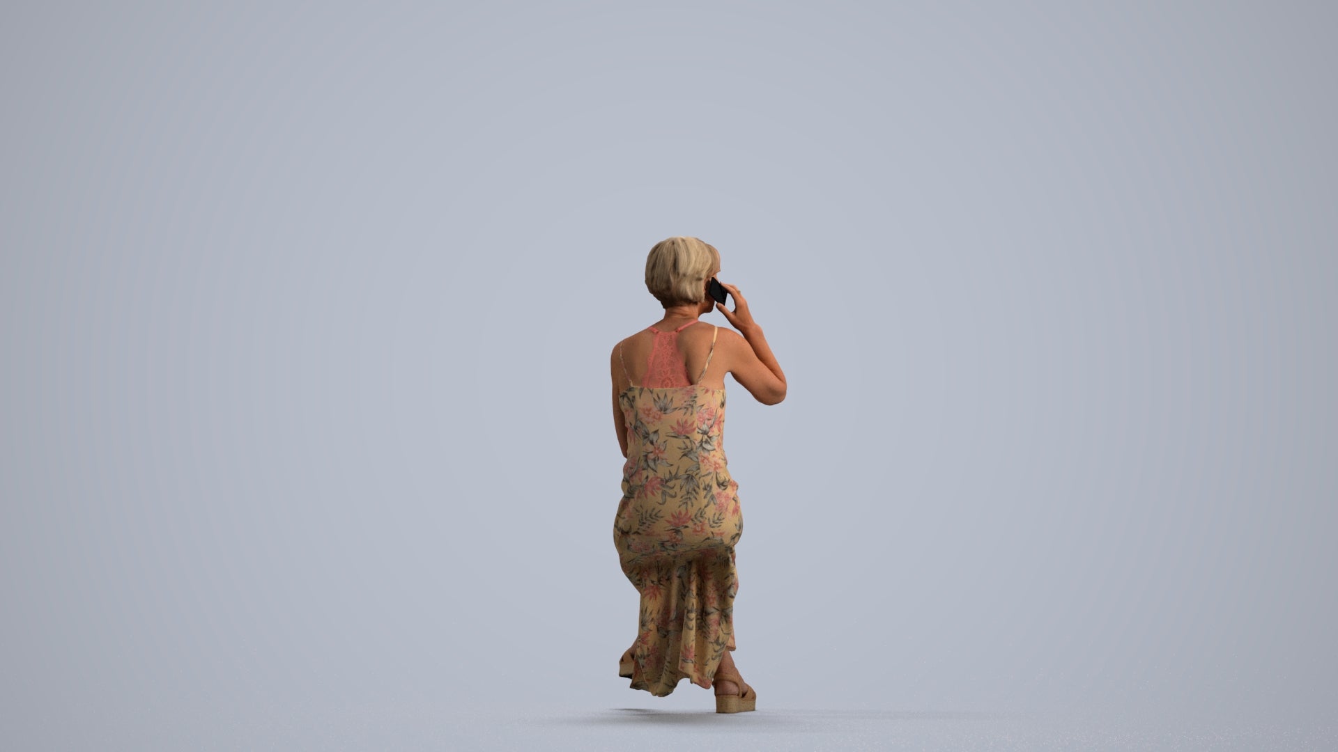 3D scanned senior woman sitting, photorealistic archviz people for Enscape and SketchUp, front view render