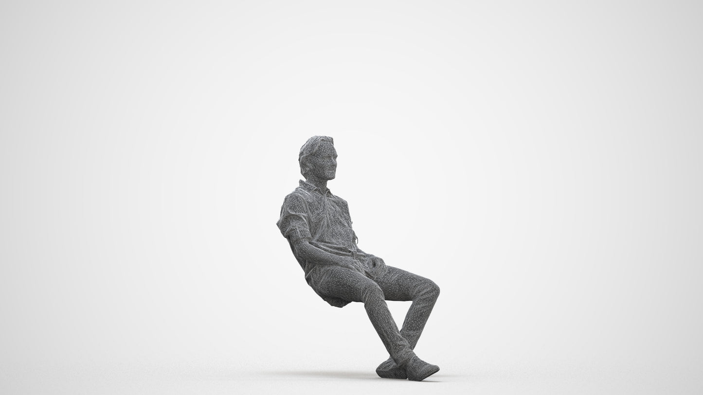 realistic 3D human man casual sitting, archviz people FBX OBJ for Blender, three-quarter front view render