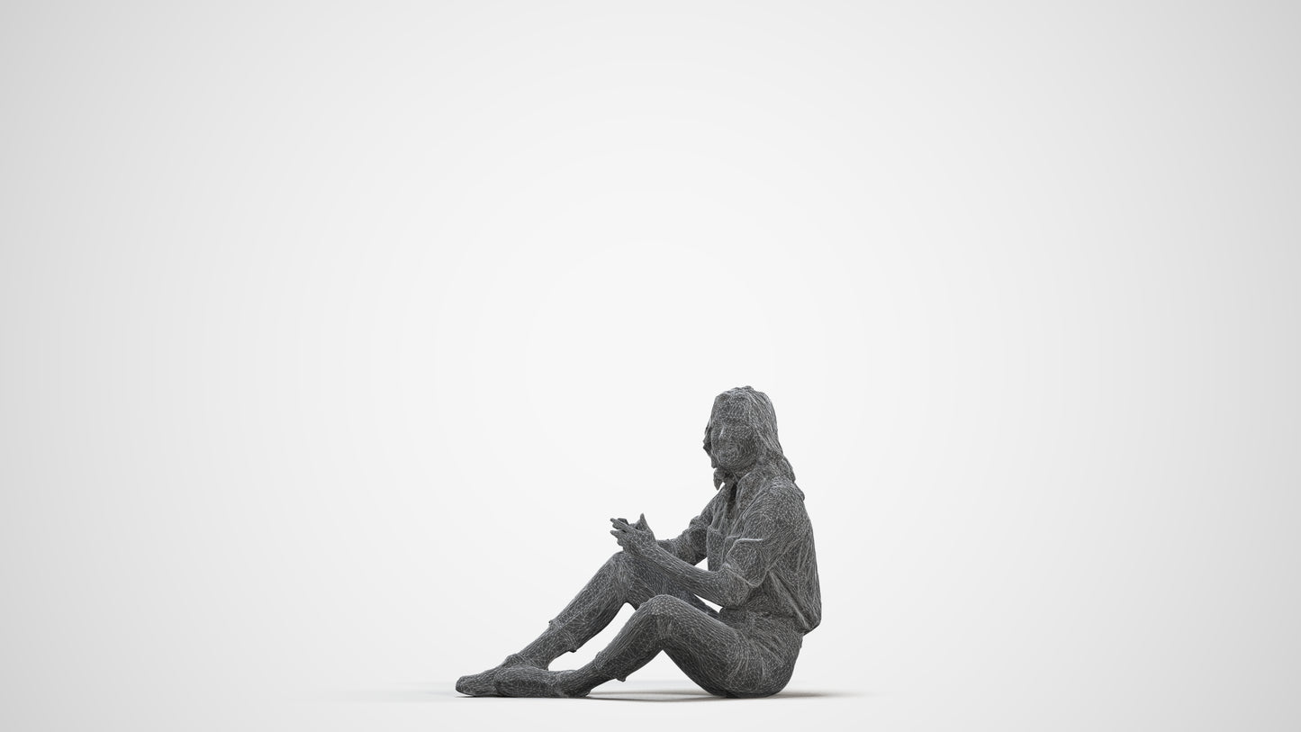3D human model woman casual sitting, photogrammetry scanned person for archviz, three-quarter front view render