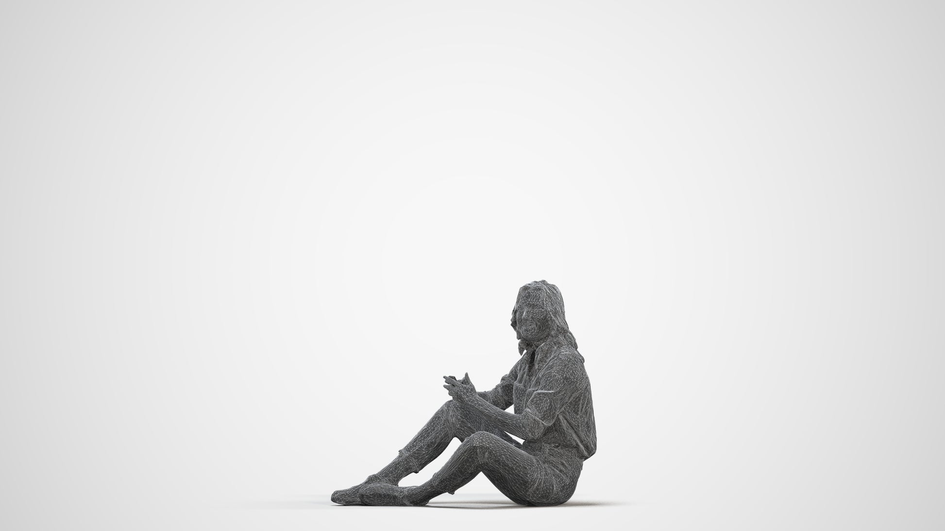 3D human model woman casual sitting, photogrammetry scanned person for archviz, three-quarter front view render