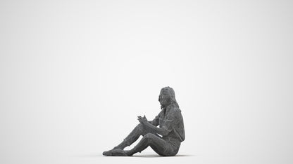 3D human model woman casual sitting, photogrammetry scanned person for archviz, three-quarter front view render