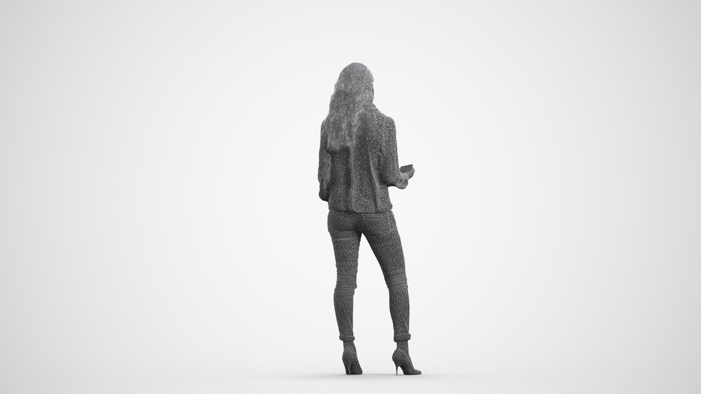 3D scanned woman standing casual, photorealistic archviz people for Enscape and SketchUp, wireframe front view
