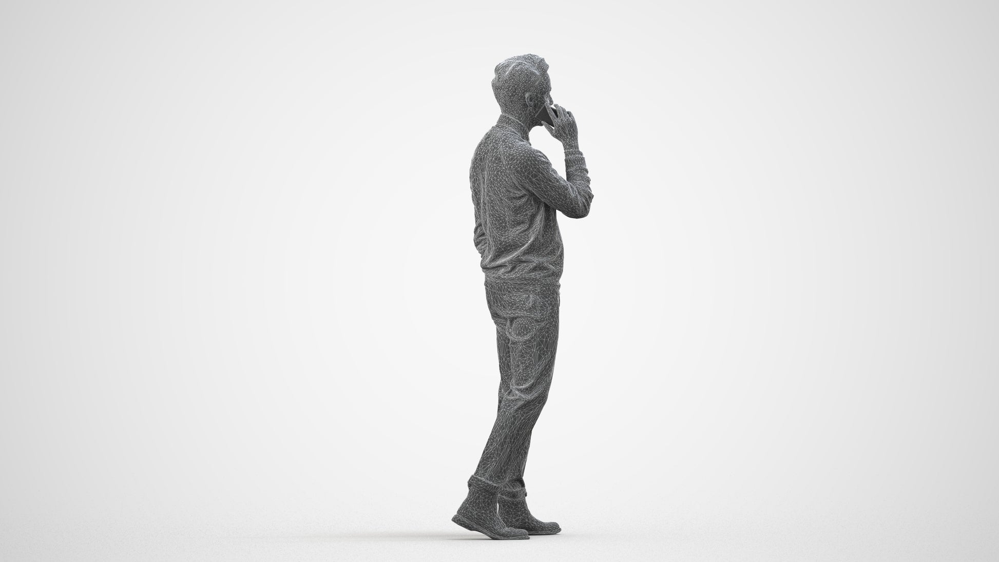 3D human model man casual walking, photogrammetry scanned person for archviz, wireframe side view