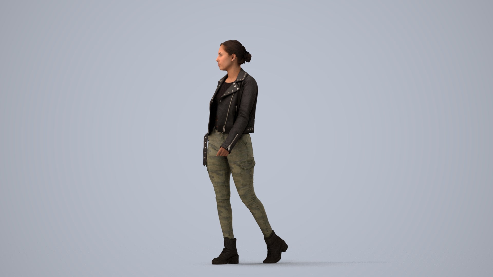 3D people model woman casual walking, scanned human for 3ds Max rendering, three-quarter view render