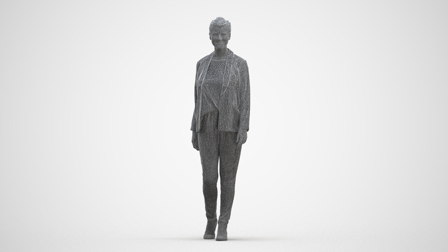 3D scanned woman walking business, photorealistic archviz people for Enscape and SketchUp, three-quarter front view render